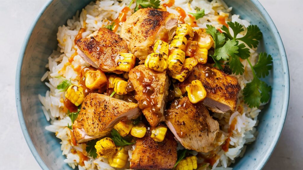 street corn chicken rice bowl